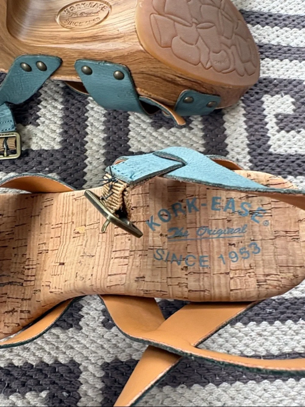Kork-Ease Drew Teal Leather Cork Cross-Strap Wedge Sandals - Picture 5 of 6